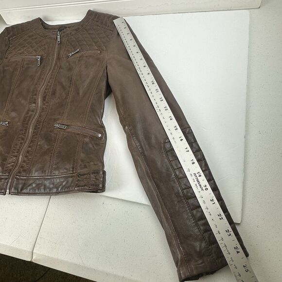 Brown Leather Moto Racing Biker Jacket Womens Small Full Zip Quilted Butter Soft - Picture 10 of 13